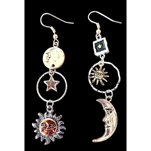 Celestial Sun Moon Stars Earrings Dangle Tarot Halloween Eclectic Mismatched - Picture 1 of 12